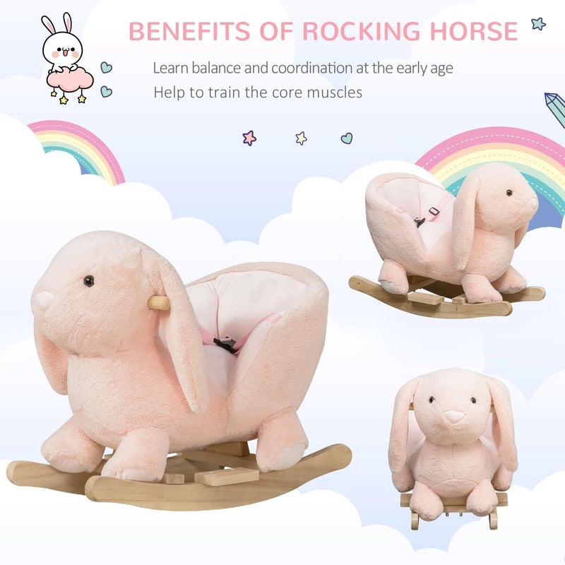 Qaba Baby Rocking Horse, Plush Rabbit Animal Rocker with Simulated Sound, Wooden Base, Seat Belt, Stuffed Rocking Chair for Toddler 18-36 Months, Pink - Image 3